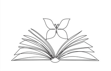 Continuous one line drawing of open book with flying butterfly. Vector illustration on white background.