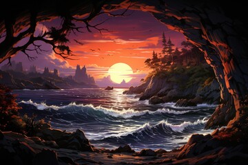 Harmony Unleashed: Discover the Spellbinding Serenity of a Cave Opening, Gazing at a Tranquil Sea Awash in the Captivating Tones of a Purple and Orange Sunset Generative AI