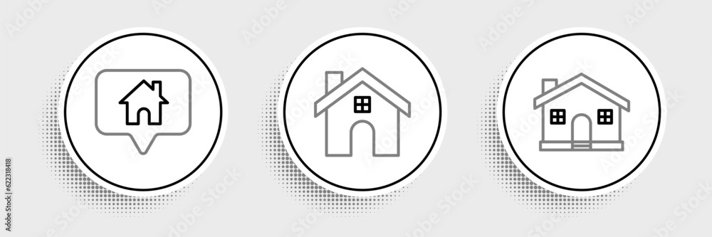 Poster set line house, map pointer with house and icon. vector