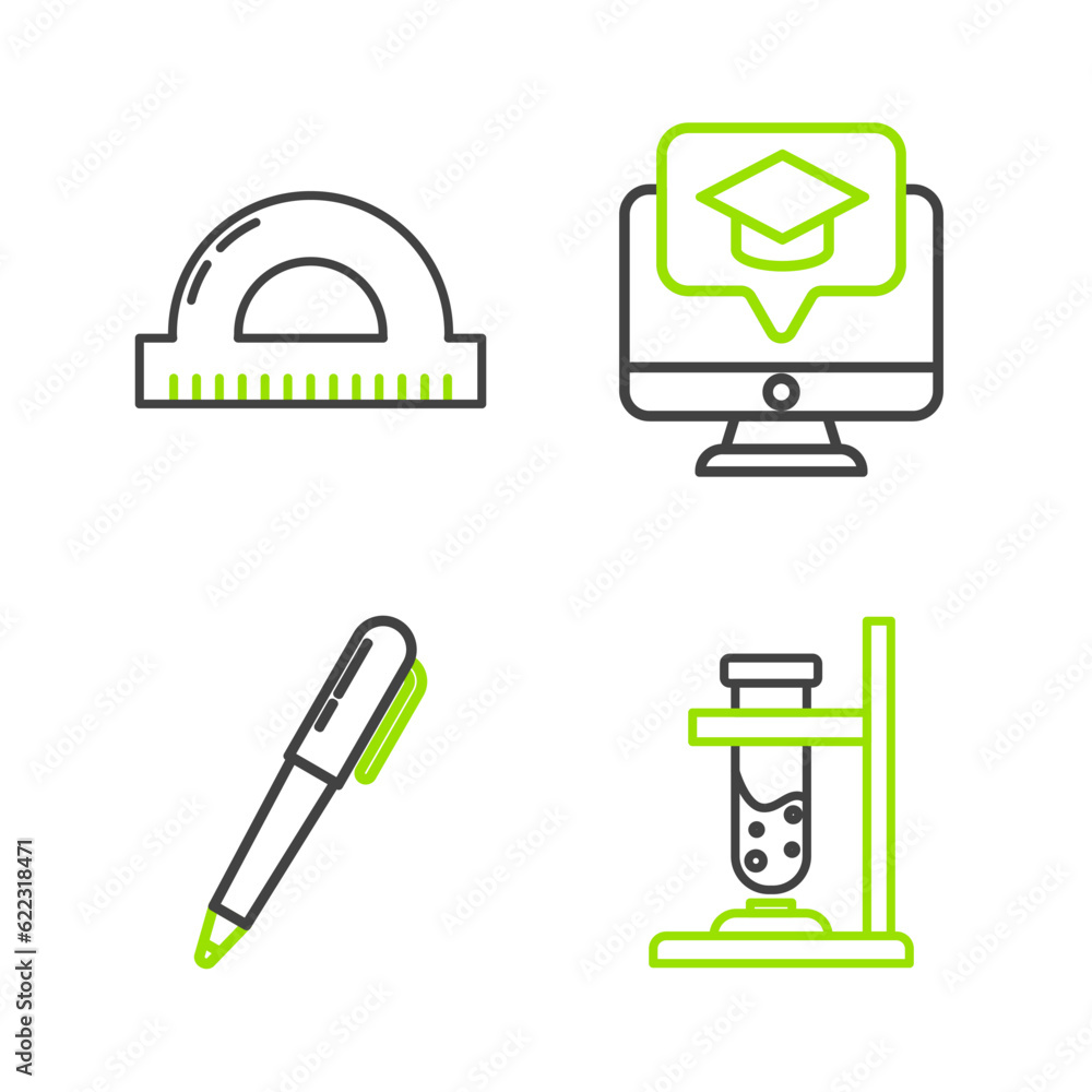 Poster set line glass test tube flask on fire, pen, monitor with graduation cap and protractor grid for mea