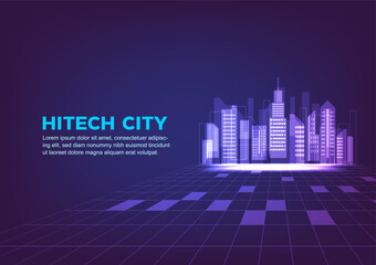 Smart future city complex banner. Innovation tower technology digital media. Artificial intelligence company vector graphic