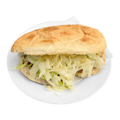 Pita sandwich with grilled meat and salad on a plate close up isolated png file