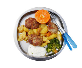 Home cooked meal with potato, meatballs,broccoli and an orange isolated png file