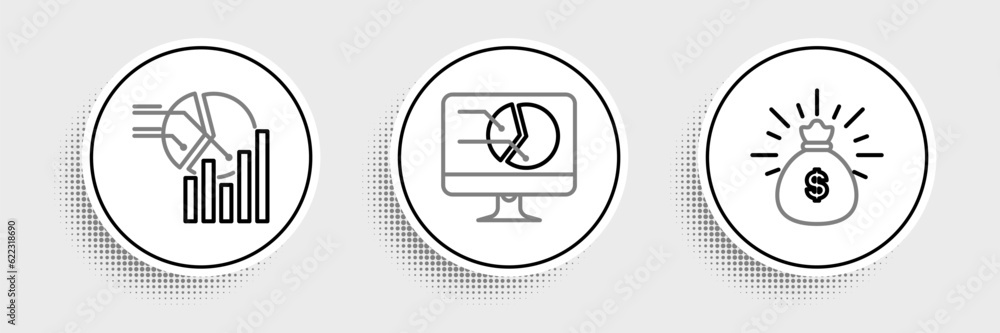 Poster set line money bag, pie chart infographic and computer monitor with icon. vector