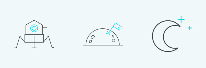 Set line Moon and stars, Mars rover and Planet with flag icon. Vector