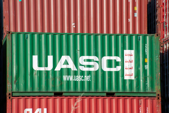 Istanbul, Beylikduzu - Turkey - 07.07.2023 Container yard for Logistic Import Export business, Close-up container view. UASC