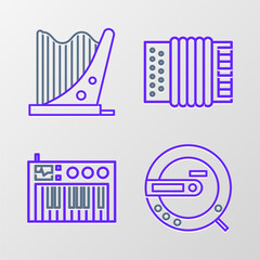 Set line Music CD player, synthesizer, Musical instrument accordion and Harp icon. Vector