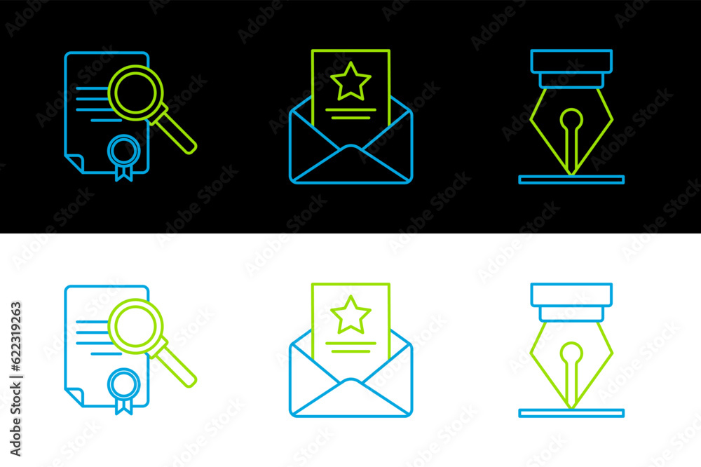 Poster set line fountain pen nib, document with search and the arrest warrant icon. vector
