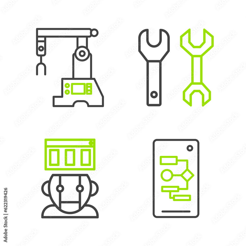 Aufkleber set line algorithm, robot, spanner and assembly line icon. vector