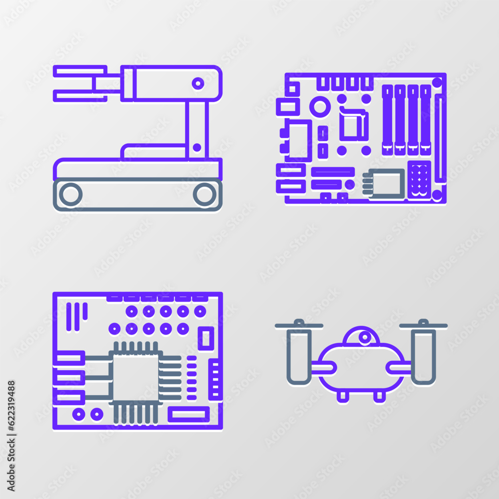 Poster set line drone flying with action camera, printed circuit board pcb, electronic computer components 