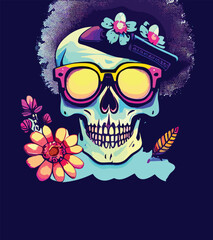 skull head surrounded by flowers and leaves illustration