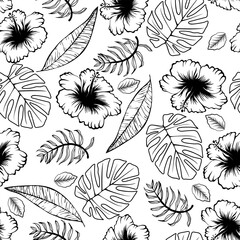 Seamless vector pattern with leaves of tropical plants. Leaves and hibiscus flowers