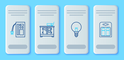 Set line Diesel power generator, Light bulb, Battery and in pack icon. Vector