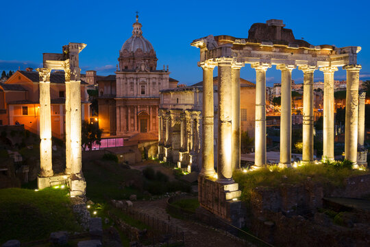 Roman Forum - ancient ruins in Rome at night, Italy