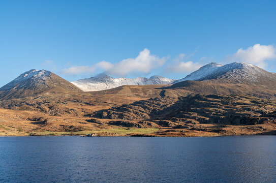 Winter mountain lake landscape.
The MacGillycuddy's Reeks mountain range as seen from Lough Acoose in the Iveragh Peninsula in County Kerry, Ireland. 