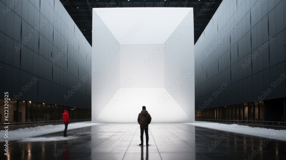 Poster a person standing in a large building with snow on the ground. generative ai image.