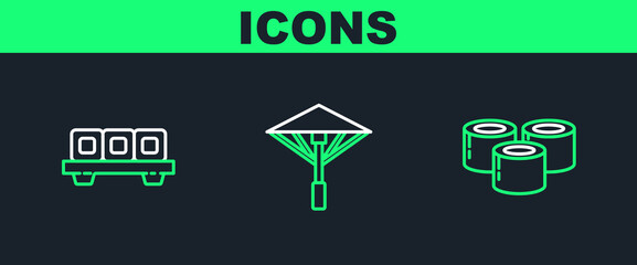 Set line Sushi, on cutting board and Japanese umbrella from the sun icon. Vector