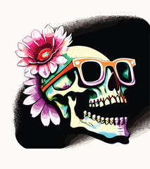 skull head surrounded by flowers and leaves illustration