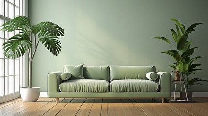 Green colour interior room with green color fabric sofa couch mock up interior house design concept front view perspective,generative ai