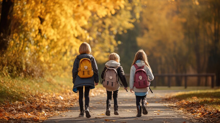 Children with school bags on their backs walk after class