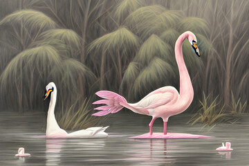 two pink flamingos. Generative AI

