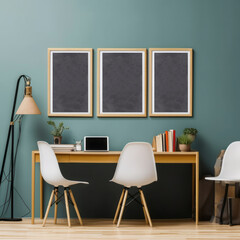 room interior mock up room house beautiful background working table and chair with blank copy space poster artwork hanging in the backdrop wall home design decoration,generative ai
