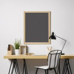 room interior mock up room house beautiful background working table and chair with blank copy space poster artwork hanging in the backdrop wall home design decoration,generative ai