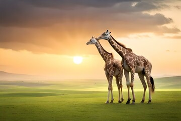 giraffe at sunset generated Ai technology