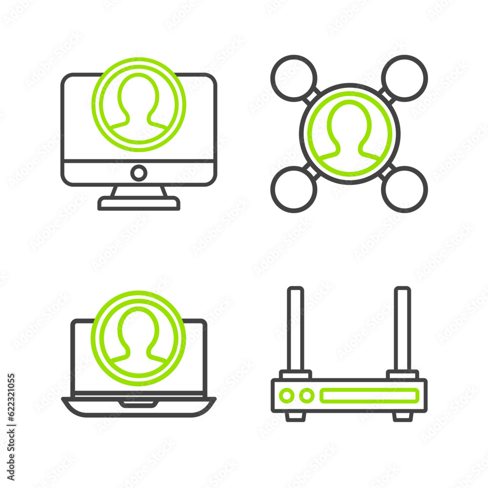 Poster set line router and wi-fi signal, create account screen, share and icon. vector