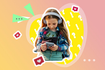 Creative digital collage stylish girl in headphones smartphone using social media listening to music gradient background. Like button Contemporary funky trendy graphic montage illustration urban style