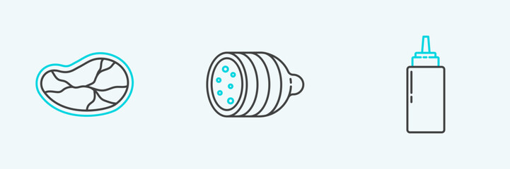 Set line Sauce bottle, Steak meat and Salami sausage icon. Vector
