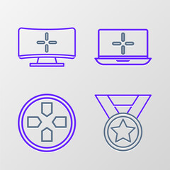 Obraz premium Set line Medal, Gamepad, Laptop and Computer monitor icon. Vector