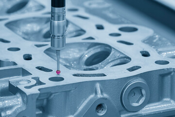 The CMM machine measuring the aluminum cylinder head parts .