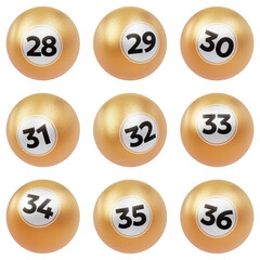 Golden glitter lottery balls. Golden glitter bingo balls. 3D render. 3D illustration.