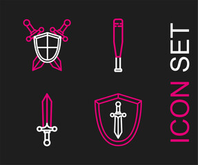 Set line Medieval shield with sword, Baseball bat and crossed swords icon. Vector