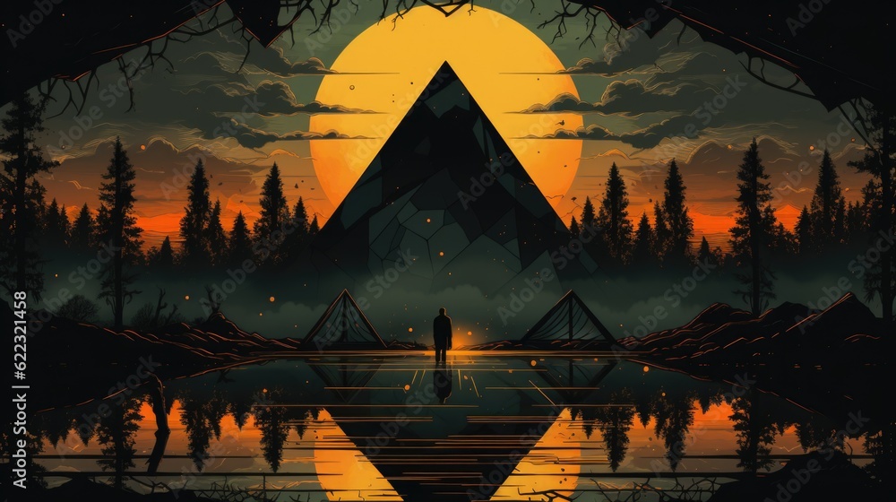 Poster a person standing in front of a lake with a mountain in the background. generative ai image.