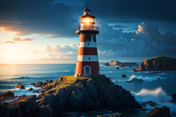 Sunrise behind an old stone lighthouse © Victor