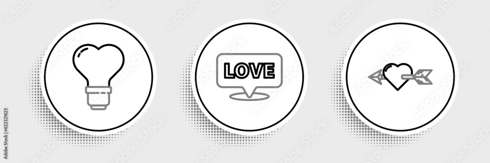 Poster set line amour with heart and arrow, heart shape in light bulb and speech bubble text love icon. vec