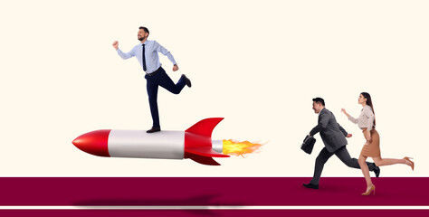 Obraz premium Competition in business. Man pulling ahead by using rocket while others running. Illustration of spaceship