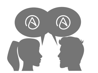 Illustration of people talking about atheism on white background