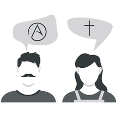 Illustration of people talking about religions on white background. Woman and man figures with symbols of Christianity and atheism