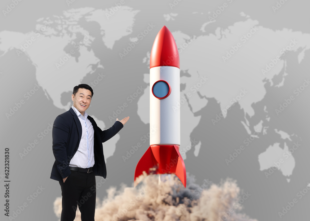 Poster Global business startup. Happy man pointing at launching rocket against world map. Illustration of spaceship