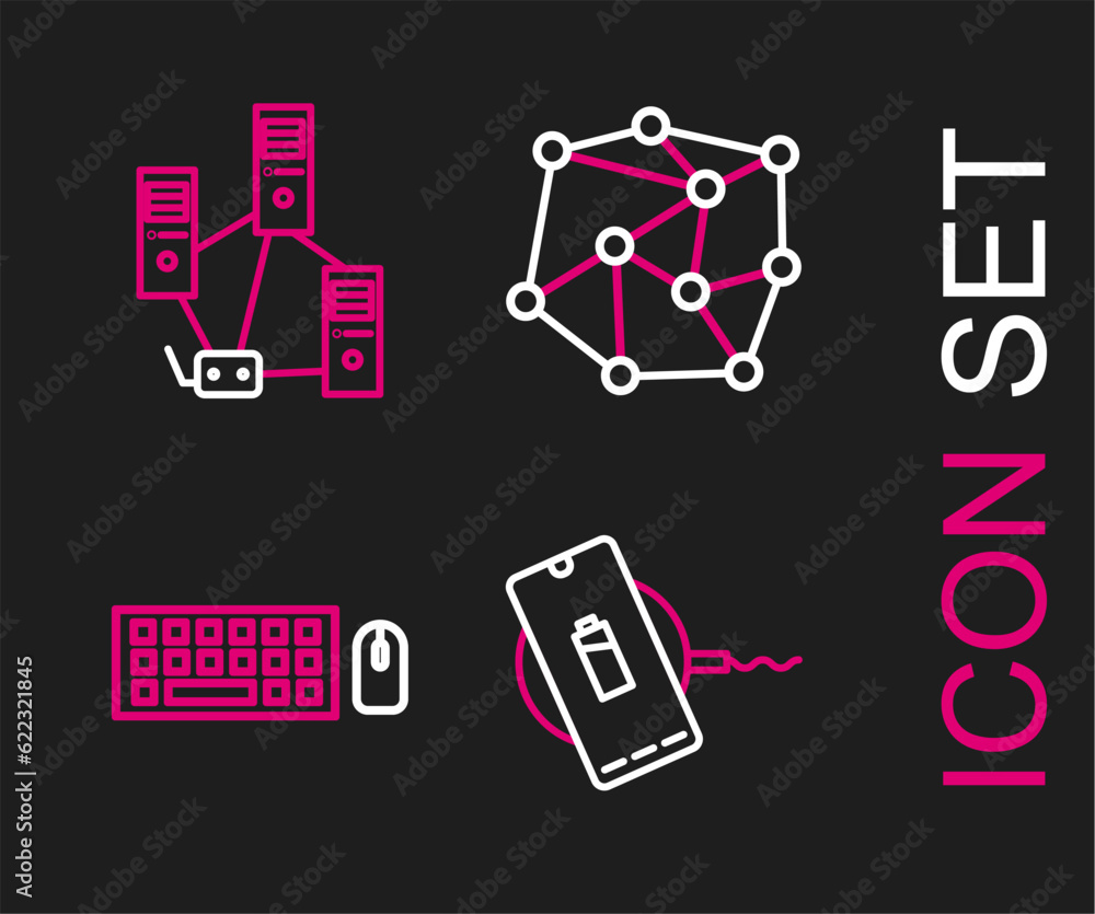 Poster set line wireless charger, keyboard and mouse, neural network and computer icon. vector