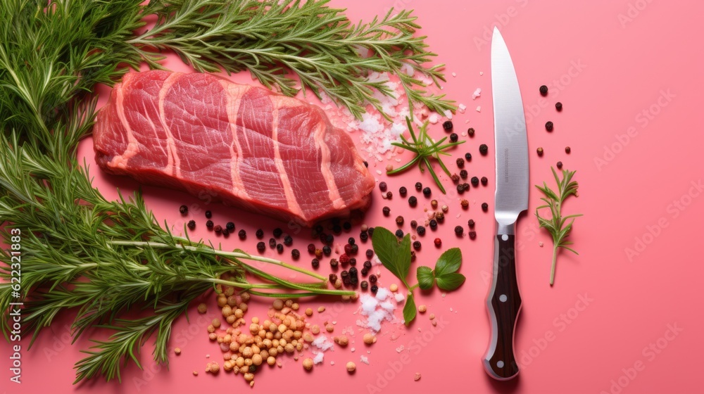 Poster a piece of meat sitting on top of a table next to a knife. generative ai image.