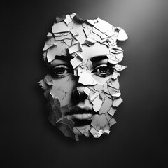Black and white Mental health disorder concept represented by a female face showing negative broken and torn emotions with a clean background.  - 622321885