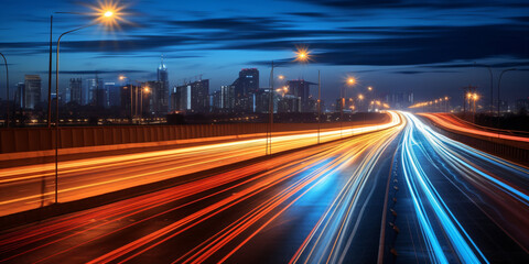 Fototapeta na wymiar Car light trails on the highway at night. Long exposure photo created with AI 