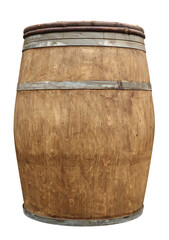 Obraz premium One wooden barrel with metal hoops isolated on white