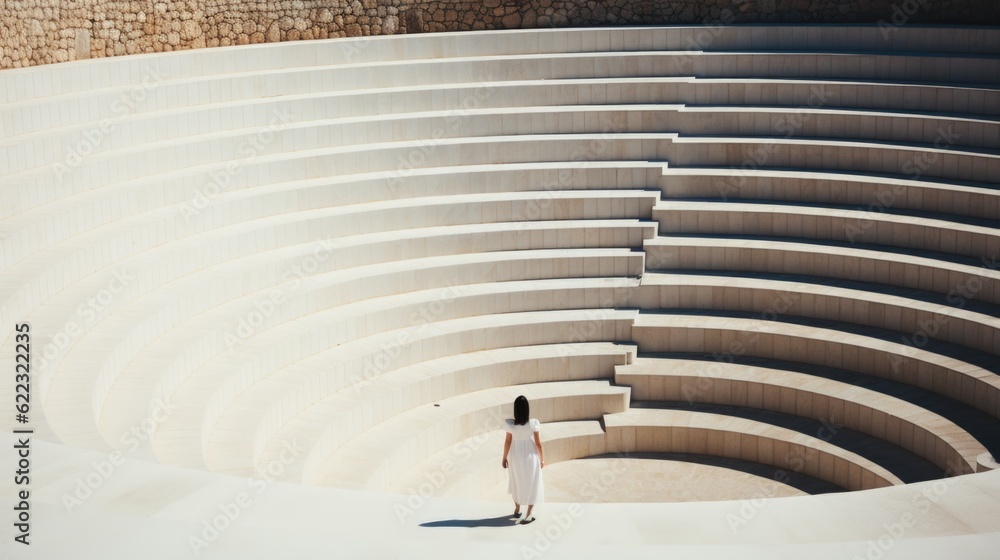 Canvas Prints A woman in a white dress standing in a circular structure. Generative AI image.