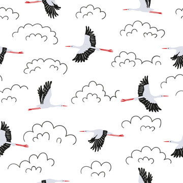 Seamless flying stork birds and doodle clouds pattern. Vector illustration