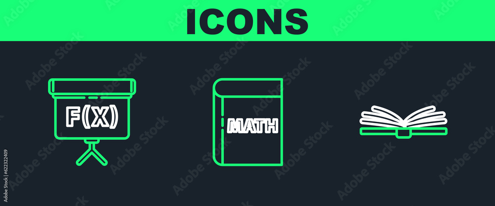 Poster set line open book, chalkboard and book with word mathematics icon. vector